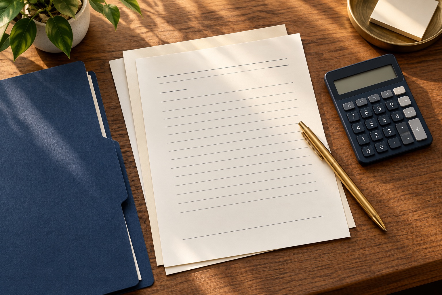 Illustrative still life of blank paperwork, a navy folder, calculator and brass pen